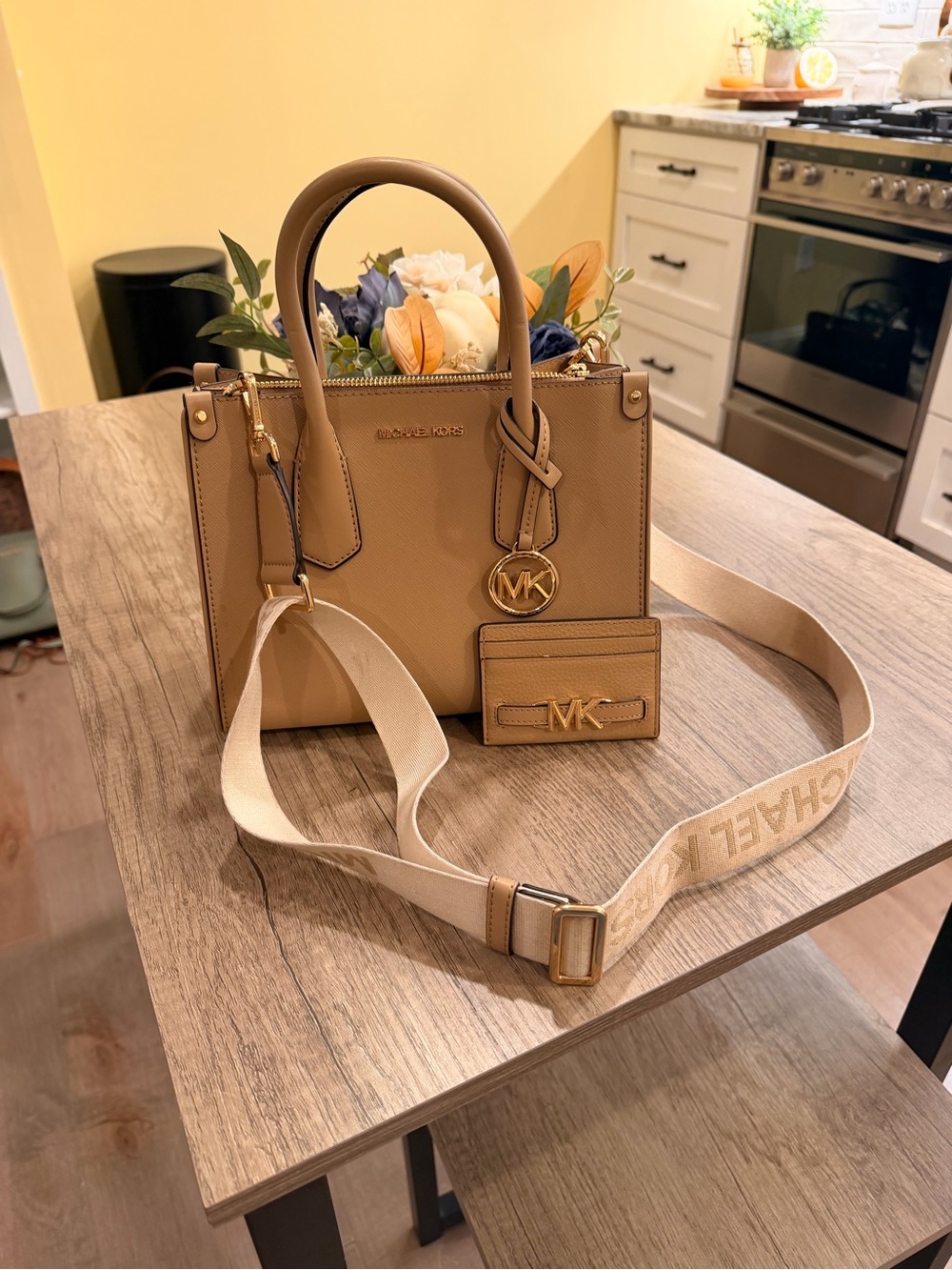 Michael Kors Beige/Tan Leather Satchel with Branded Canvas Strap
